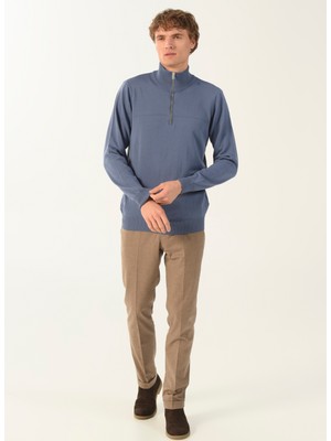 People By Fabrika Fermuarlı Yaka Düz Indigo Erkek Kazak 23TR01