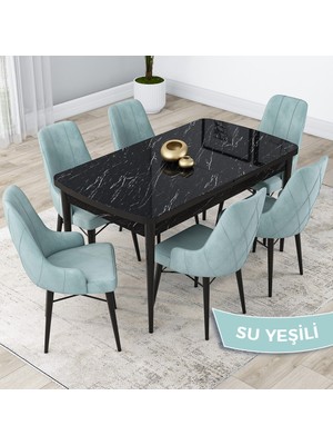 Canisa Concept Kar Serisi, 80X132 Açılabilir Mdf Mutfak Masa Takımı, Siyah Mermer Desen Masa 6 Sandalye