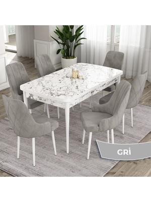 Canisa Concept Eta Serisi, 80X132 Açılabilir Mdf Mutfak Masa Takımı, Beyaz Mermer Desen Masa 6 Sandalye
