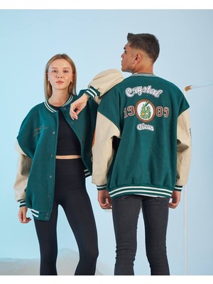 Unisex Yeşil Crystal 25 Nakışlı Oversize Kolej Ceket