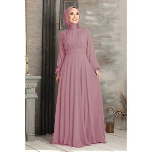 Neva Style Tesettürlü Abiye Elbise - Kemerli Pudra Tesettür Abiye Elbise 5422PD