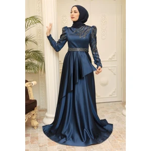 Neva Style Tesettürlü Abiye Elbise - Boncuk Işlemeli Lacivert Saten Tesettür Abiye Elbise 22671L