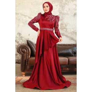 Neva Style Tesettürlü Abiye Elbise - Boncuk Işlemeli Bordo Saten Tesettür Abiye Elbise 22671BR