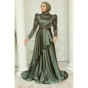 Neva Style Tesettürlü Abiye Elbise - Boncuk Işlemeli Haki Saten Tesettür Abiye Elbise 22671HK