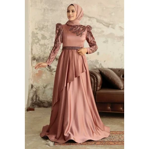Neva Style Tesettürlü Abiye Elbise - Boncuk Işlemeli Bakır Saten Tesettür Abiye Elbise 22671BKR
