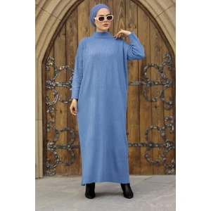 Neva Style - Boğazlı Yaka Indigo Blue Tesettür Triko Elbise 34150IM