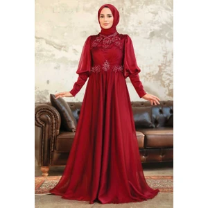 Neva Style Tesettürlü Abiye Elbise - Boncuk Işlemeli Bordo Saten Tesettür Abiye 25822BR