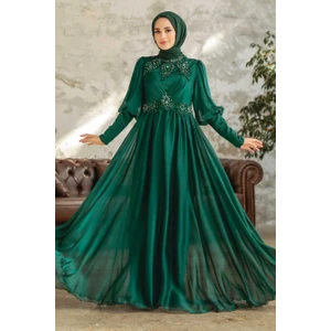 Neva Style Tesettürlü Abiye Elbise - Boncuk Işlemeli Yeşil Saten Tesettür Abiye 25822Y