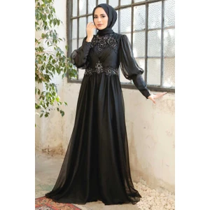 Neva Style Tesettürlü Abiye Elbise - Boncuk Işlemeli Siyah Saten Tesettür Abiye 25822S