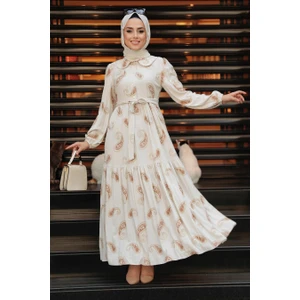 Neva Style - Desenli Kahverengi Tesettür Elbise 10302KH