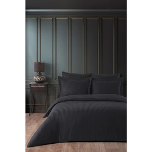 Lastikli Pamuk Çizgili Çift Kişilik Nevresim Takım - Siyah