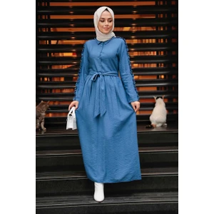 Neva Style - Kolları Fırfır Detaylı Indigo Mavisi Tesettür Elbise 3434IM