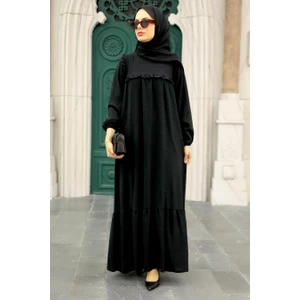 Neva Style - Fırfır Detaylı Siyah Tesettür Elbise 7681S