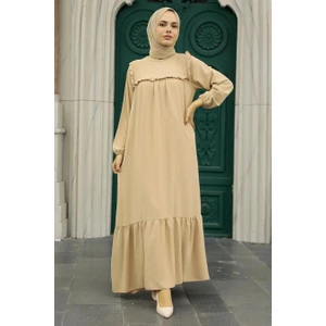 Neva Style - Fırfır Detaylı Bej Tesettür Elbise 7681BEJ