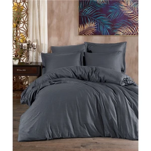 Lastikli Pamuk Çizgili Çift Kişilik Nevresim Takım - Antrasit