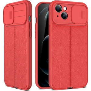 Apple iPhone 14 Plus Kılıf Kamera Sürgülü Deri Dokulu Mat Silikon Kırmızı