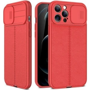 Apple iPhone 14 Pro Max Kılıf Kamera Sürgülü Deri Dokulu Mat Silikon+Nano Kırmızı