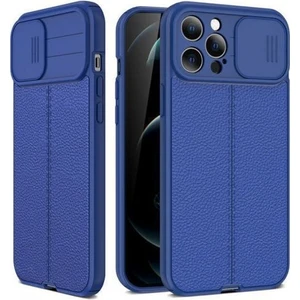 Apple iPhone 14 Pro Max Kılıf Kamera Sürgülü Deri Dokulu Mat Silikon+Nano Lacivert