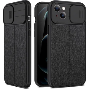 Case Street Apple iPhone 14 Plus Kılıf Kamera Sürgülü Deri Dokulu Mat Silikon+Nano Siyah