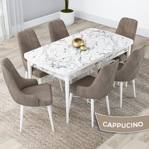 Concept Kar Serisi  Açılabilir 80 x 132 cm Mdf Mutfak Masa Takımı Beyaz Mermer Desen Masa 6 Sandalye