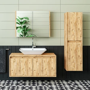 Lavabolu Mat Ahşap Mdf 100CM Banyo Dolabı+Aynalı Banyo Üst Dolabı+Banyo Boy Dolabı