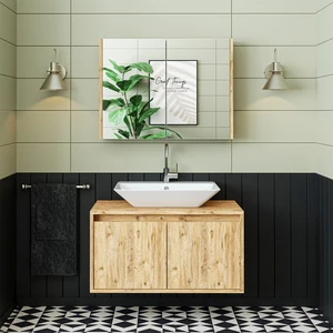 Lavabolu Mat Ahşap Mdf 85 cm Banyo Dolabı + Aynalı Banyo Üst Dolabı