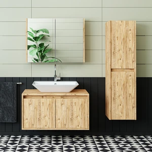 Lavabolu Mat Ahşap Mdf 85 cm Banyo Dolabı+Aynalı Banyo Üst Dolabı+Boy Dolabı