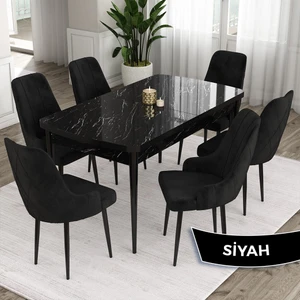 Concept Eta Serisi 80 x 132 cm Açılabilir Mdf Yemek Odası Masa Takımısiyah Mermer Desen Masa 6 Sandalye