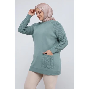 Kadın Büyük Beden Kolu Saç Örgülü Cepli Kışlık Triko Tunik 4372