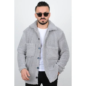 Baba Wear Peluş Gömlek Kışlık Gri Çift Göğüs Cepli Peluş Gömlek