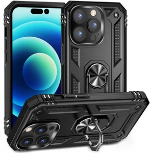 Apple iPhone 14 Pro Max ile Uyumlu Kılıf Shockproof Zırhlı Kauçuk Yüzük Tutuculu 360° Siyah