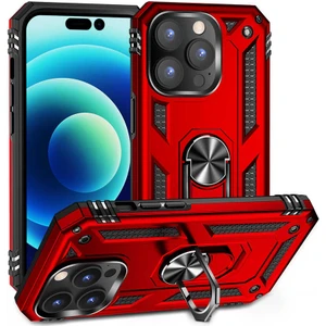 Apple iPhone 14 Pro Max ile Uyumlu Kılıf Shockproof Zırhlı Kauçuk Yüzük Tutuculu 360° Kırmızı