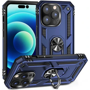 Apple iPhone 14 Pro Max ile Uyumlu Kılıf Shockproof Zırhlı Kauçuk Yüzük Tutuculu 360° Lacivert