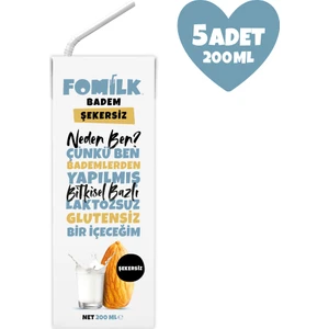 Badem Sütü 200 Ml X5 Glutensiz Bitkisel Bazlı Laktozsuz Vegan Şekersiz