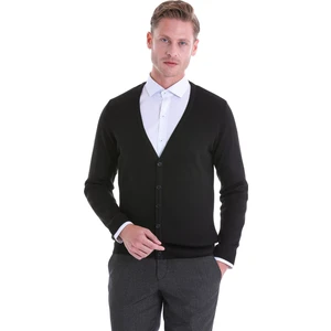 Erkek Siyah V Yaka Regular Fit Yünlü Triko Hırka