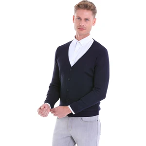 Erkek Lacivert V Yaka Regular Fit Yünlü Triko Hırka