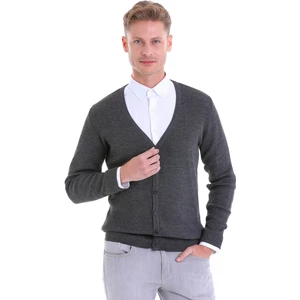 Erkek Gri V Yaka Regular Fit Yünlü Triko Hırka