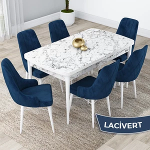 Concept Kar Serisi,  Açılabilir 80X132 Mdf Mutfak Masa Takımı, Beyaz Mermer Desen Masa 6 Sandalye