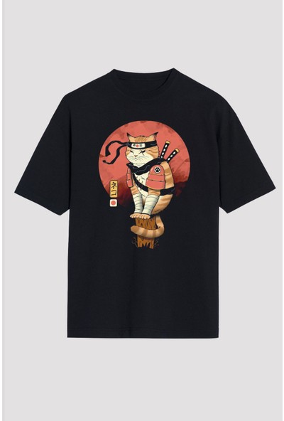 Uzakdoğu Samuray Kedi Baskılı Unisex Siyah Oversize Tişört