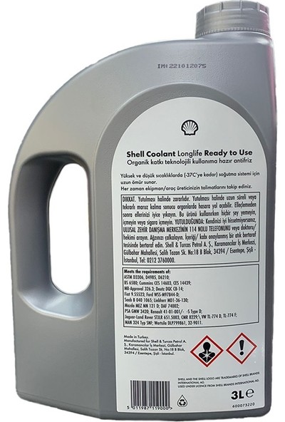 Shell Coolant Longlife RTU Organik Kırmızı Antifriz -37 Derece 3lt ( Üretim Yılı :2022 )