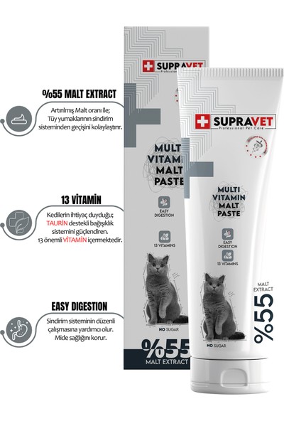 Supra Vet Kediler Için Taurinli Multi Vitamin Kedi Macunu 100 gr ( %55 Extra Malt )