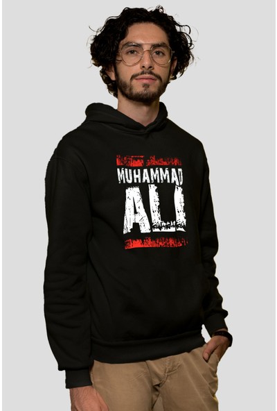 Tişört Fabrikası Muhammed Ali Baskılı Siyah Kapüşonlu Sweatshirt