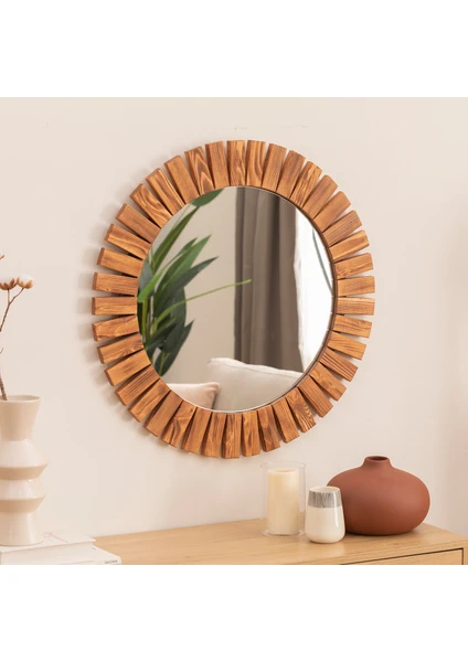 Dfn Wood Masif Ahşap Yuvarlak Dekoratif Duvar Salon Banyo Aynası