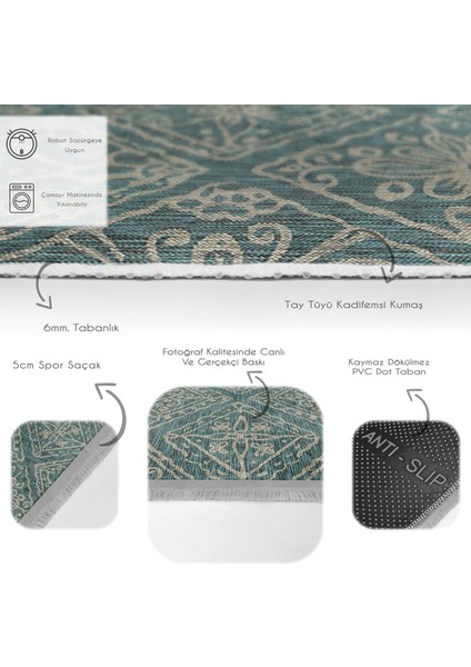 Haki Zeminde Örgü Motifli Antika Desenli Vintage Geometrik Dijital Baskılı Makinede Yıkanabilir Kaymaz Taban Saçaklı Halı