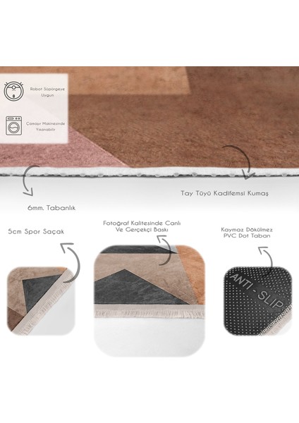 Kahverengi Zeminde Geometrik Motifli Modern Desenli Geometrik Klasik  Dijital Baskılı Makinede Yıkanabilir Kaymaz Taban Saçaklı Halı
