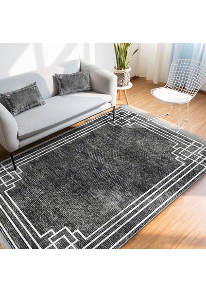 Füme Zeminde Çerçeveli Motifli Duvar Desenli Geometrik Eskitme Motifli Salon & Oturma Odası Dış Mekan & Outdoor Dijital Baskılı Makinede Yıkanabilir Kaymaz Taban Saçaklı Halı fiyatları