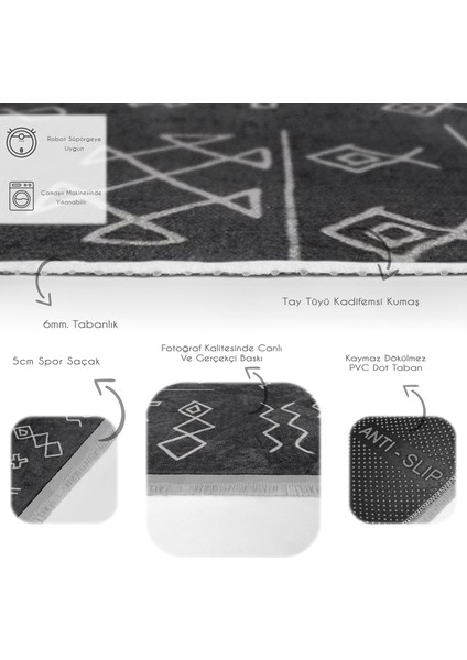 Siyah Zeminde Kilim Motifli Beyaz Baklava Desenli Geometrik Etnik Motifler Dijital Baskılı Makinede Yıkanabilir Kaymaz Taban Saçaklı Halı fırsatları