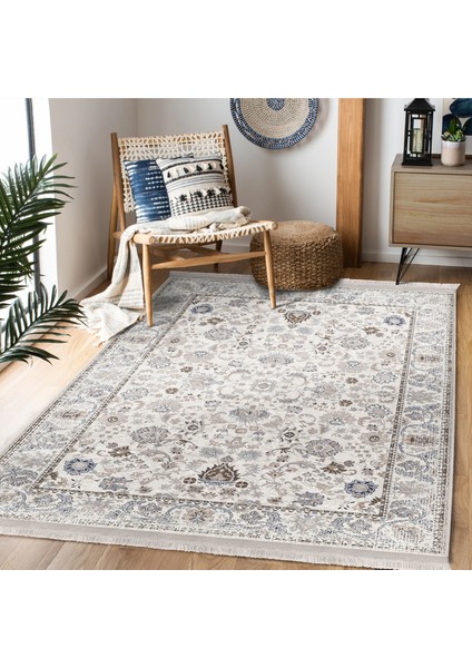 Krem Zeminde Kilim Motifli Osmanlı Desenli Etnik Motifler Vintage Dijital Baskılı Makinede Yıkanabilir Kaymaz Taban Saçaklı Halı