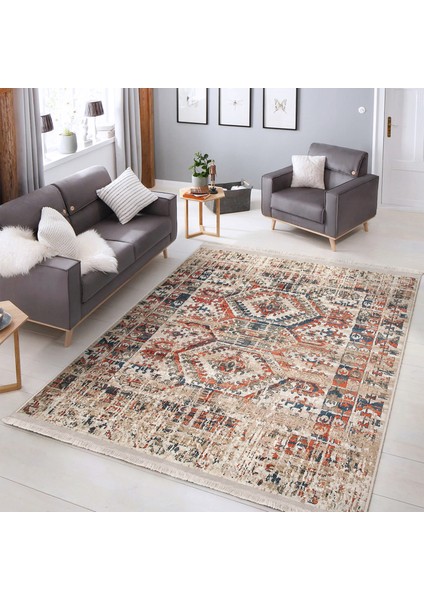 Krem - Kırmızı Zeminde Kilim Motifli Etnik Desenli Etnik Motifler Eskitme Motifli Dijital Baskılı Makinede Yıkanabilir Kaymaz Taban Saçaklı Halı fiyatları