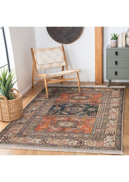 Kiremit Zeminde Çerçeve Motifli Kilim Desenli Avangarde Etnik Motifler Dijital Baskılı Makinede Yıkanabilir Kaymaz Taban Saçaklı Halı